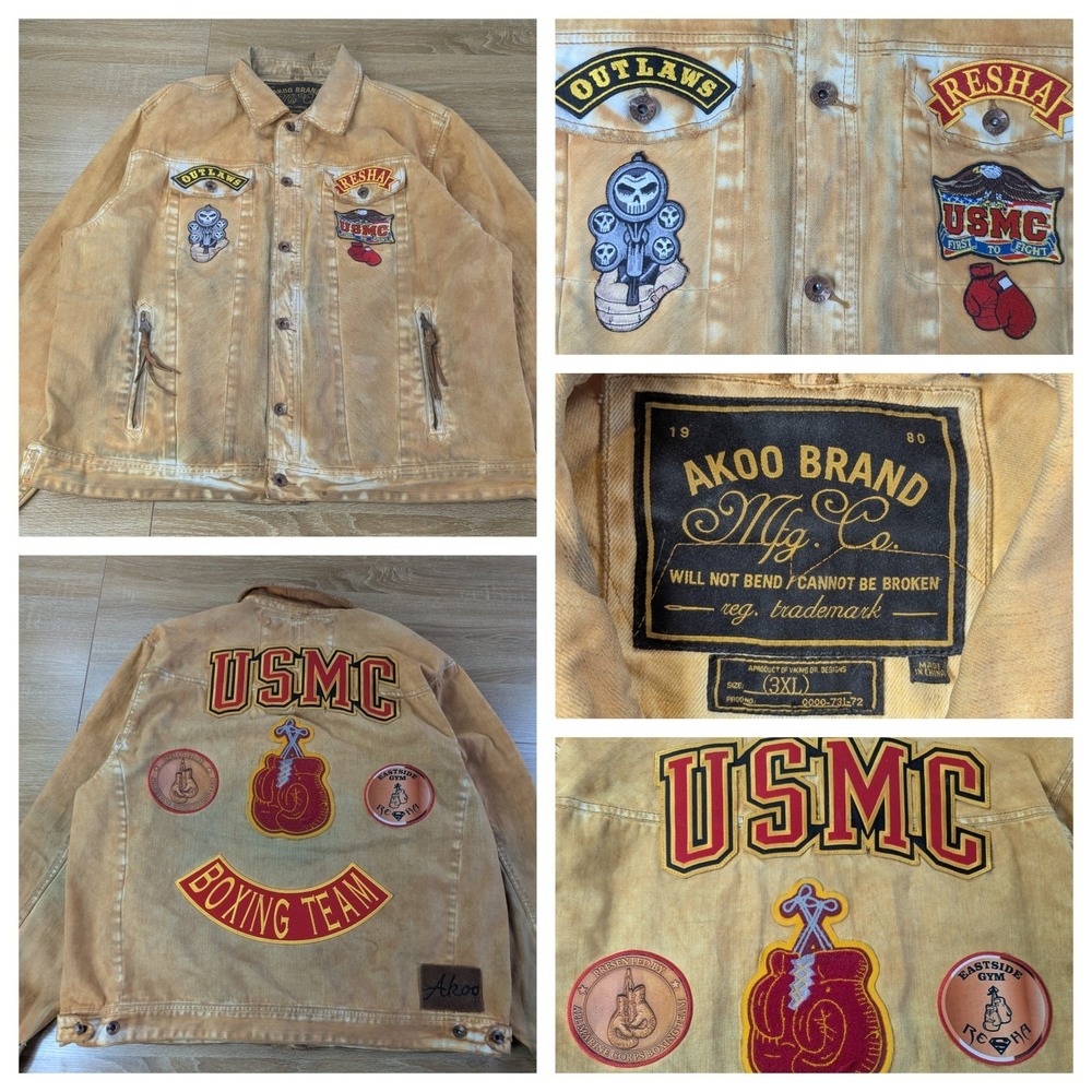 AKOO Denim Jacket 3XL Distressed Heavy Patina USMC Marine Boxer Streetwear